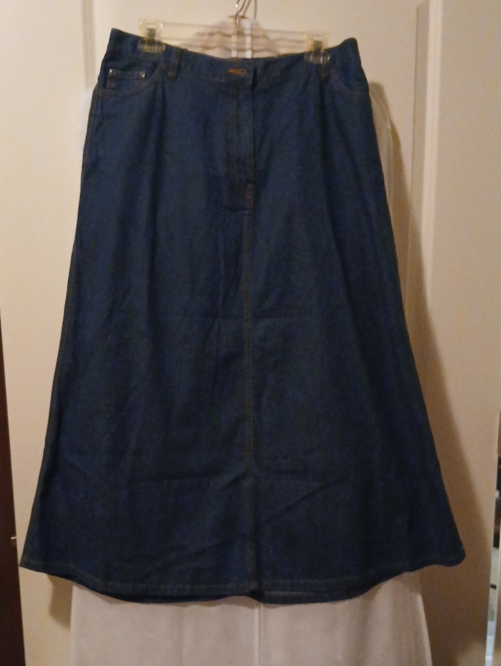 12W Classic Dark Blue Denim A-Line Midi Skirt